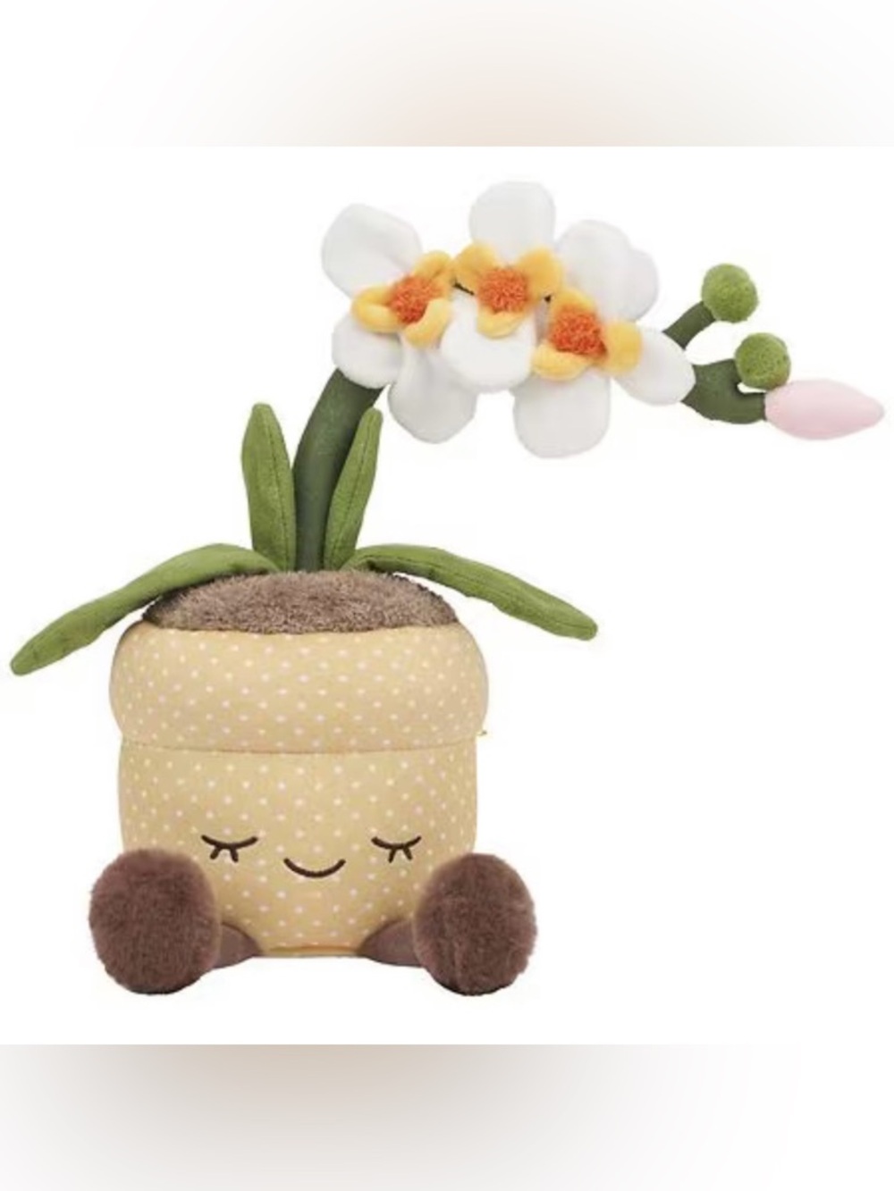 Russ Plush White Orchid with Yellow Centers in Yellow Polka-Dot Pot